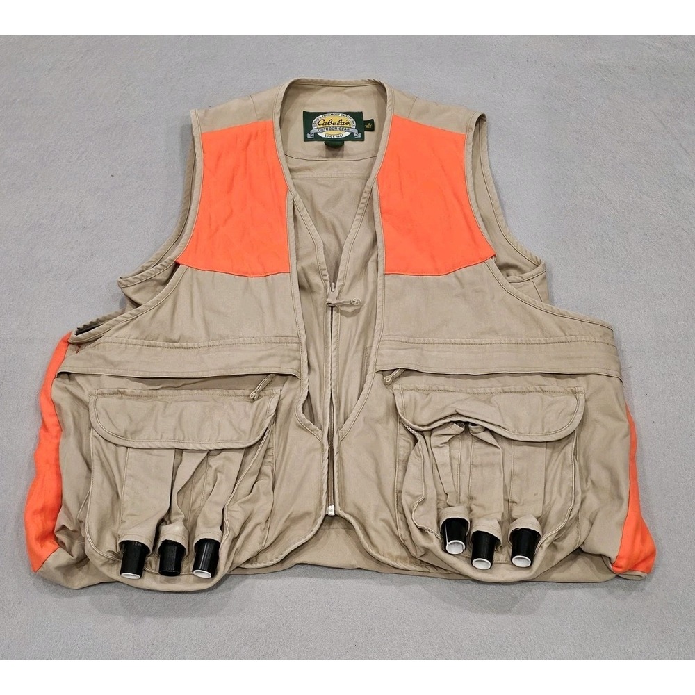 Cabela's Game Hunting Vest Quick Loader Game Pocket Tan Blaze Orange Sz Medium